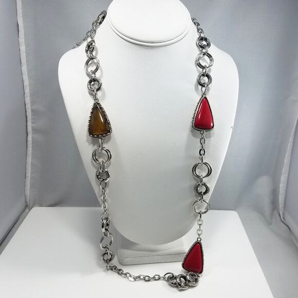 Chico's Reversible Red To Brown Silver Necklace, Red Cabochons, Brown Cabochons - Picture 5 of 8